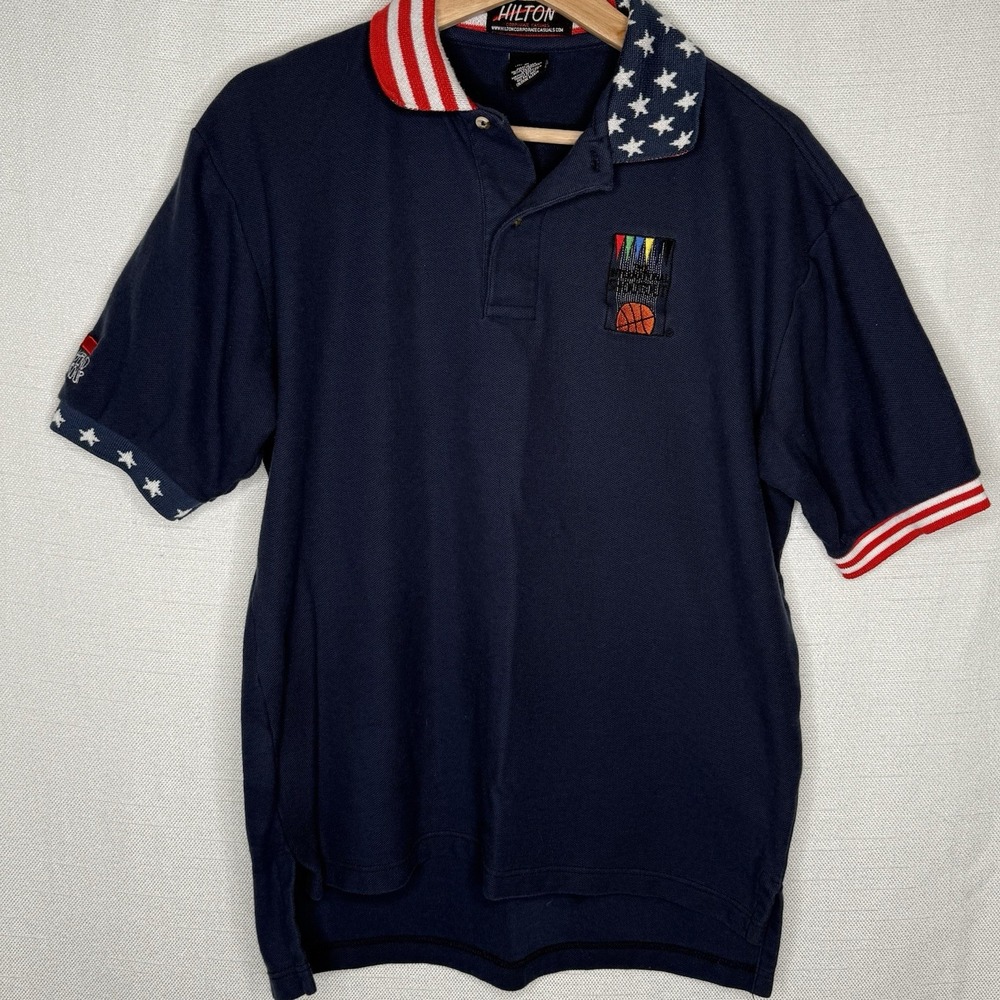 VTG Hilton International Shootout Polo Mens M Navy USA Flag Basketball Made USA